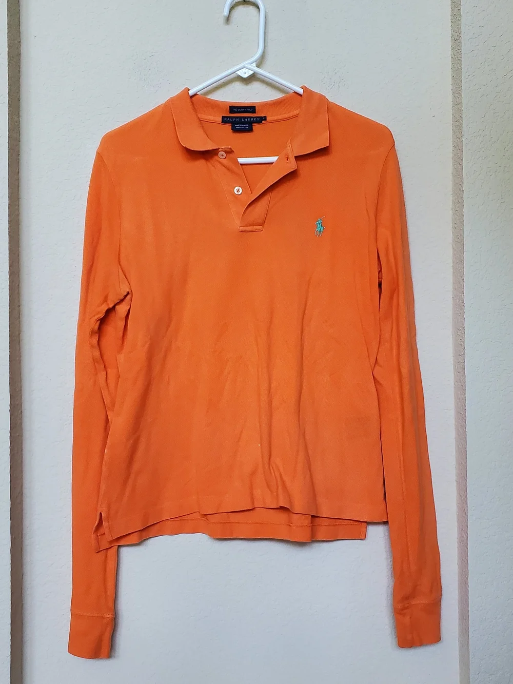 Ralph Lauren Boys Bright Orange Long-Sleeve  Skinny Polo.  Size Large